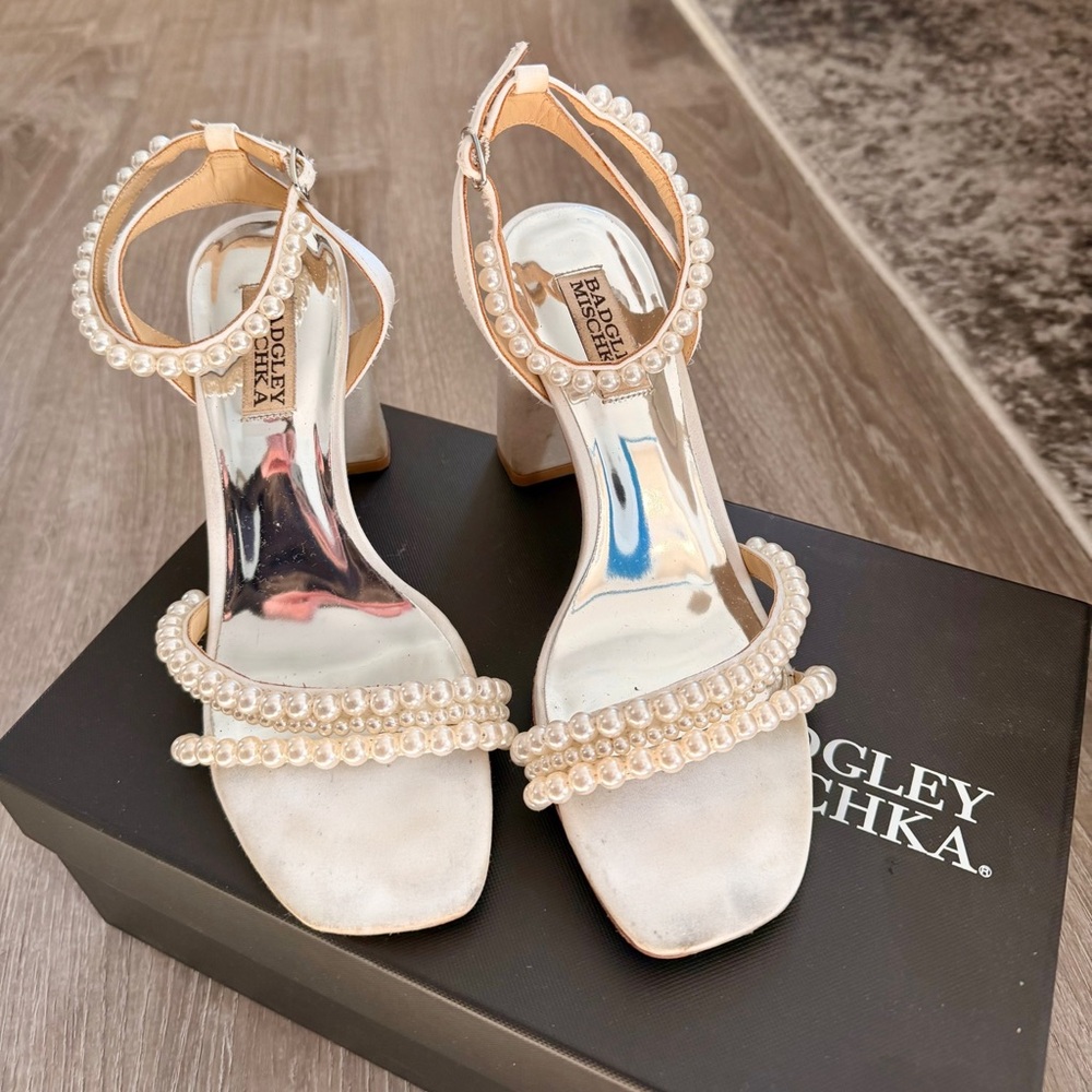 Badgley Mischka Pearl Embellished Cream Heels